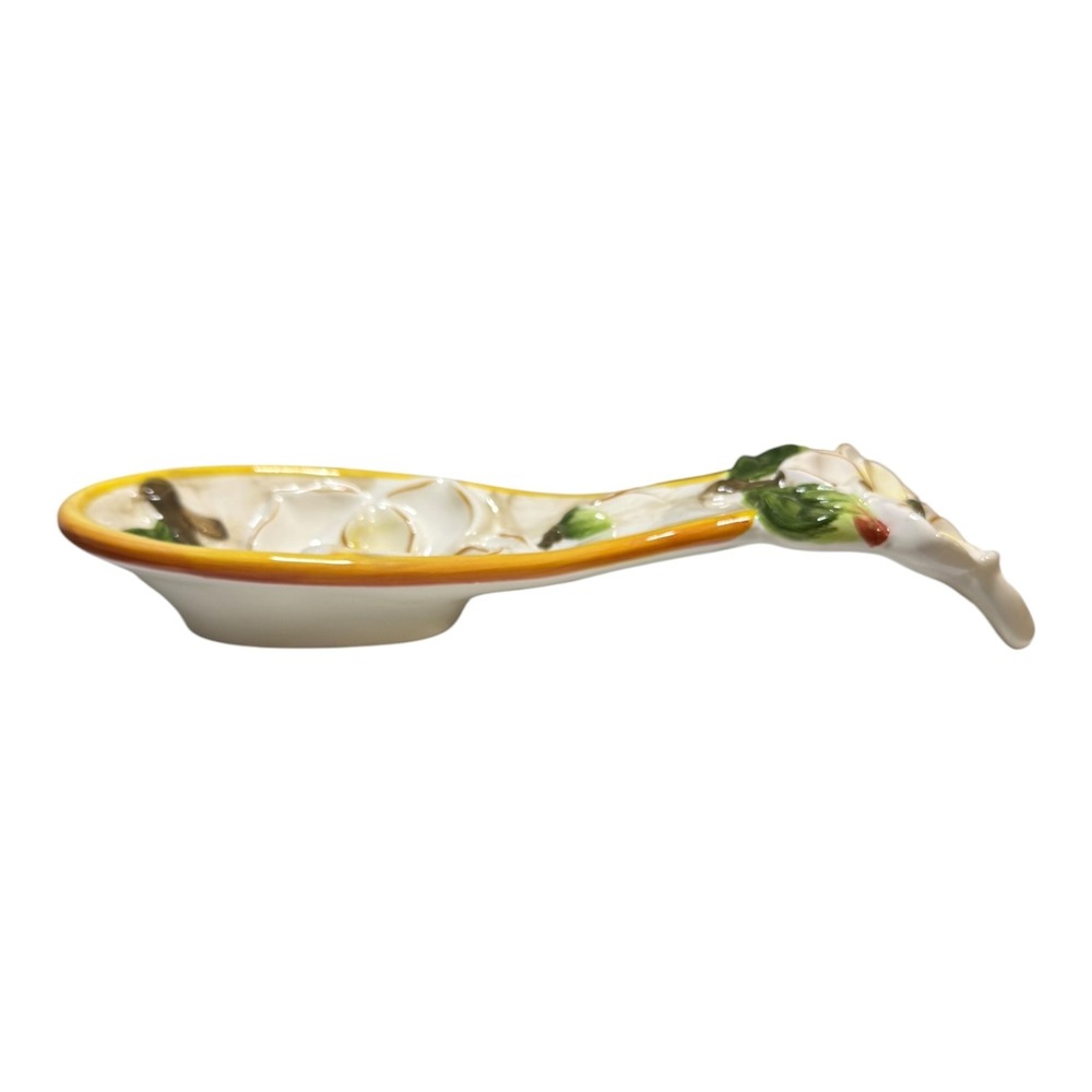 KK Ceramic Magnolia Floral Spoon Rest White Yellow Hand Painted Kitchen Decor - Picture 3 of 5